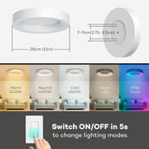 Ceiling light fixture with dimensions, color temperature options, and RGB cycling feature.